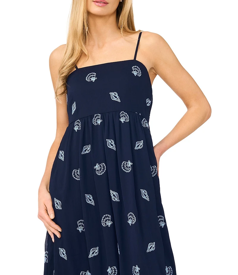 CeCe Shell Print Square Neck Sleeveless Midi Dress