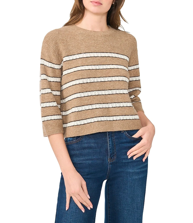 CeCe Short Sleeve Pointel Striped Sweater