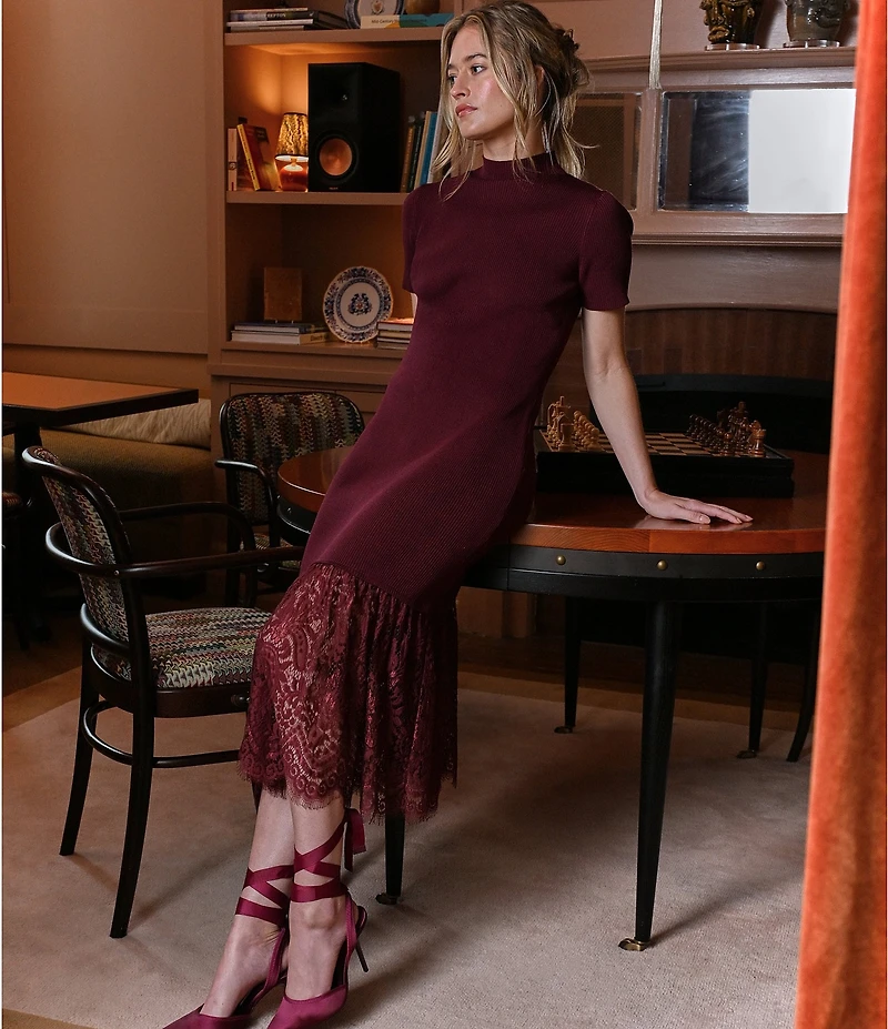 CeCe Short Sleeve Rib Lace Sweater Dress