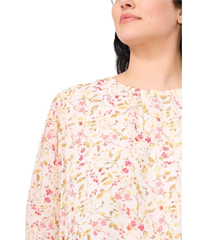 CeCe Smocked Cuffed Long Sleeve Crew Neckline Ditsy Floral Blouse