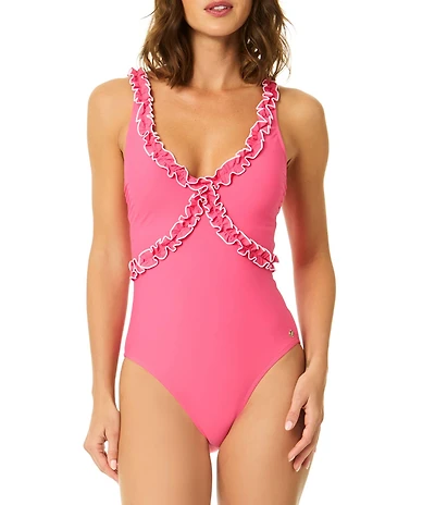 CeCe Solid Contrast Ruffle V-Neck One Piece Swimsuit