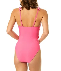 CeCe Solid Contrast Ruffle V-Neck One Piece Swimsuit