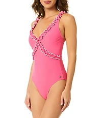 CeCe Solid Contrast Ruffle V-Neck One Piece Swimsuit