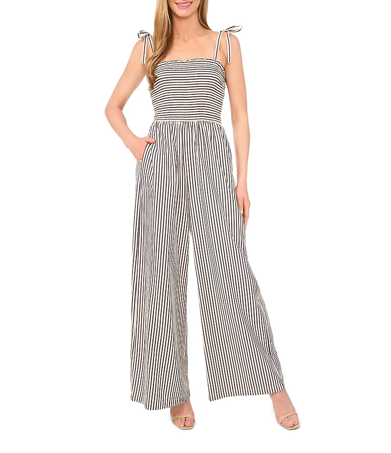 CeCe Stripe Tie Strap Smocked Bodice Wide Leg Jumpsuit