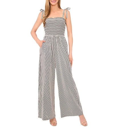 CeCe Stripe Tie Strap Smocked Bodice Wide Leg Jumpsuit