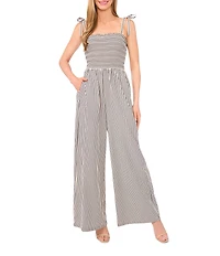 CeCe Stripe Tie Strap Smocked Bodice Wide Leg Jumpsuit