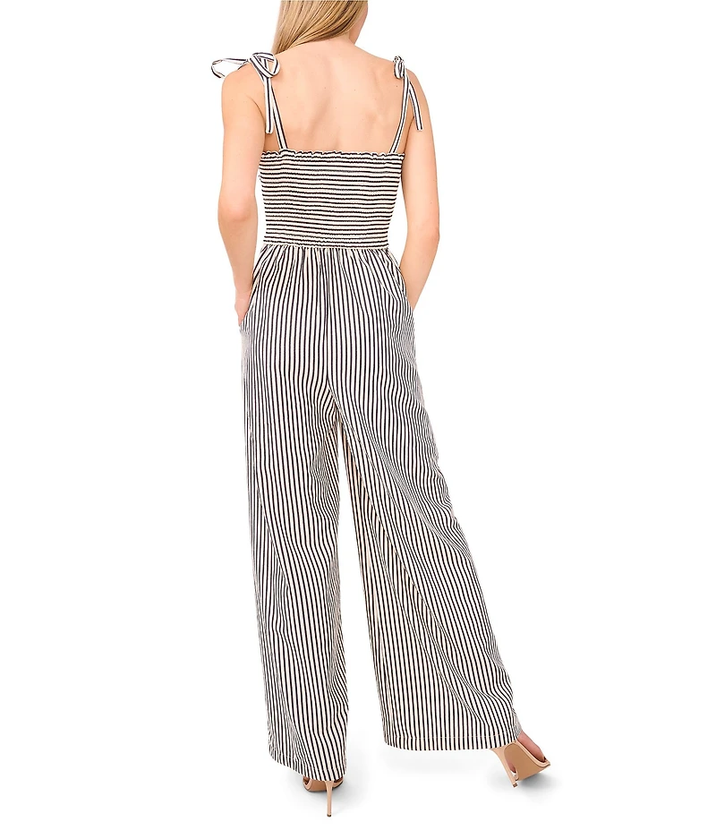 CeCe Stripe Tie Strap Smocked Bodice Wide Leg Jumpsuit