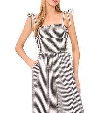 CeCe Stripe Tie Strap Smocked Bodice Wide Leg Jumpsuit