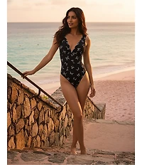 CeCe Tied Love Bow Print Scallop Plunge Neck High-Cut Leg One Piece Swimsuit