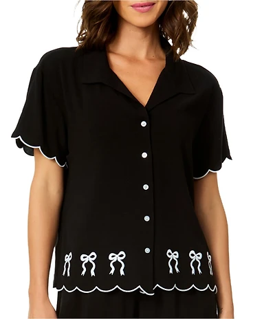 CeCe Tied Love Embroidered Scalloped Bow Print Swim Cover-Up Shirt