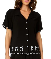 CeCe Tied Love Embroidered Scalloped Bow Print Swim Cover-Up Shirt