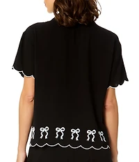 CeCe Tied Love Embroidered Scalloped Bow Print Swim Cover-Up Shirt