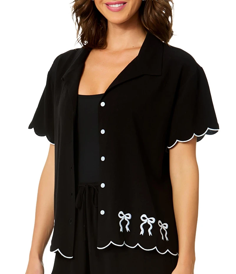 CeCe Tied Love Embroidered Scalloped Bow Print Swim Cover-Up Shirt