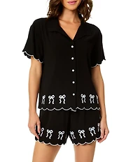 CeCe Tied Love Embroidered Scalloped Bow Print Swim Cover-Up Shirt