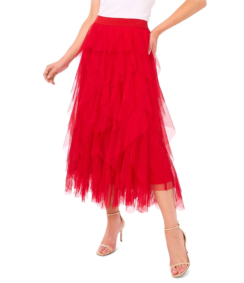 CeCe Tulle High Waisted A-Line Tiered Ruffle Flounce Midi Skirt
