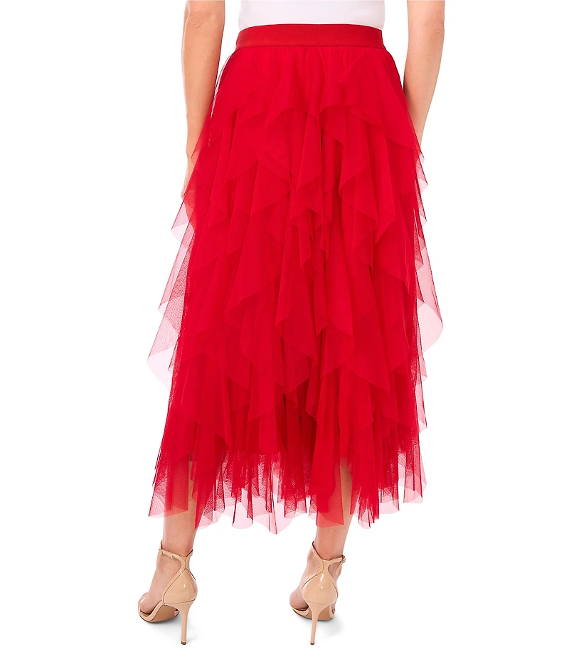 CeCe Tulle High Waisted A-Line Tiered Ruffle Flounce Midi Skirt