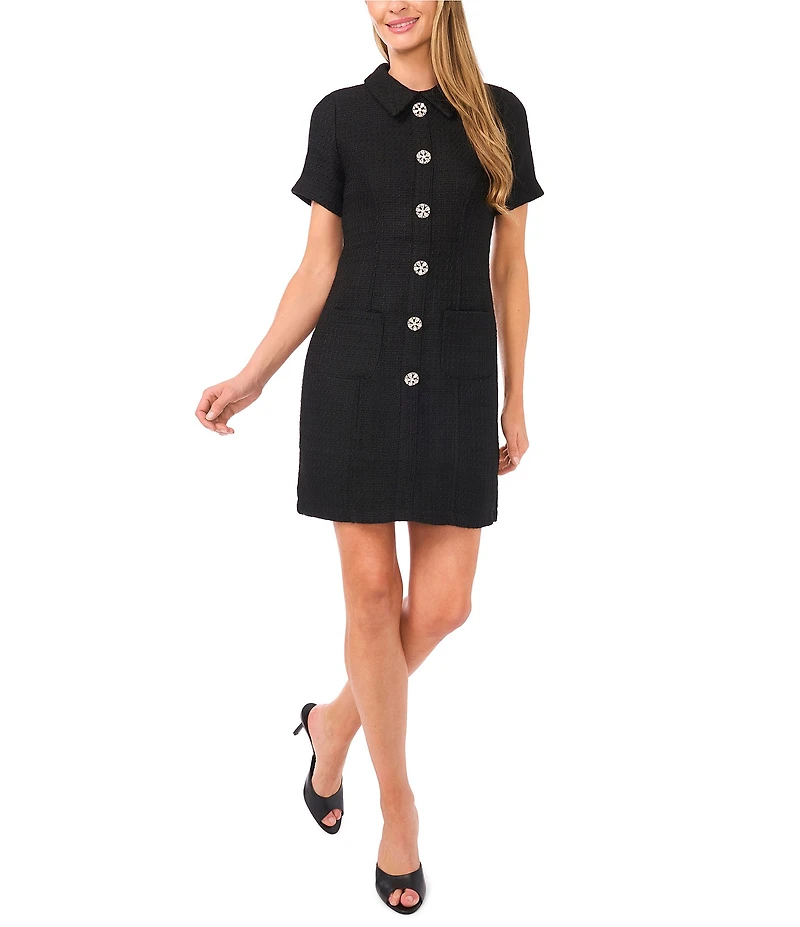 CeCe Tweed Collared Short Sleeve Button Front Dress