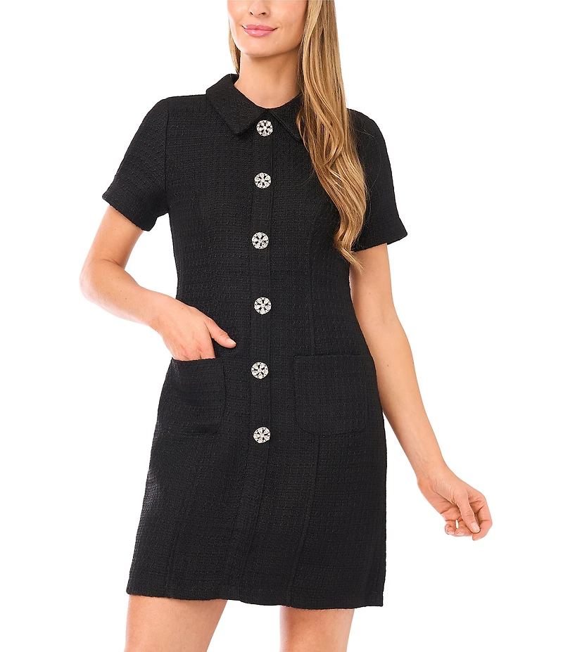 CeCe Tweed Collared Short Sleeve Button Front Dress