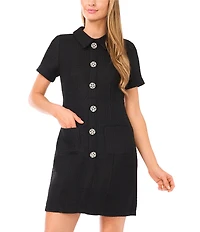 CeCe Tweed Collared Short Sleeve Button Front Dress