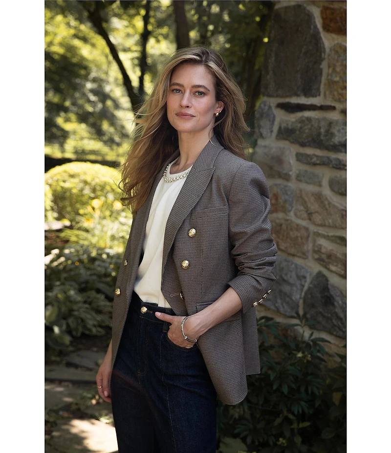 CeCe Tweed Notch Collar Long Sleeve Double Breasted Blazer