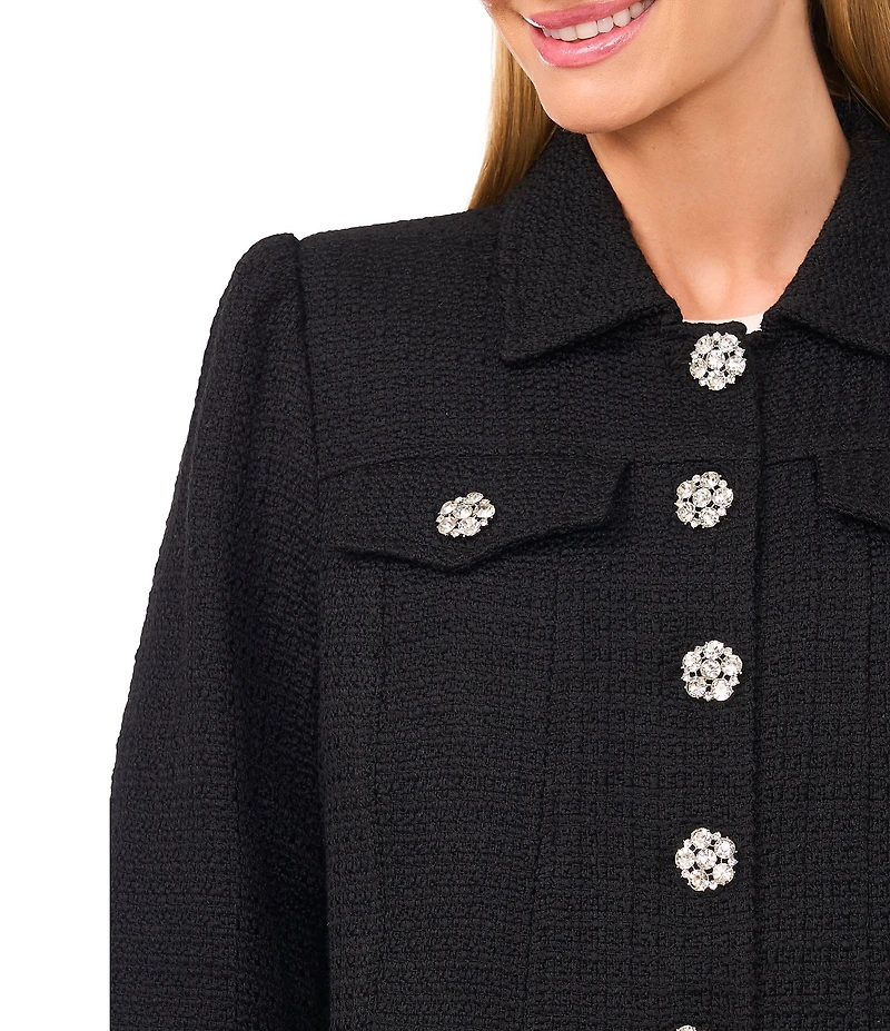 CeCe Tweed Point Collar Long Sleeve Rhinestone Button Front Coordinating Jacket