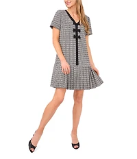 CeCe Tweed V-Neck Short Sleeve Pleated Bow Dress