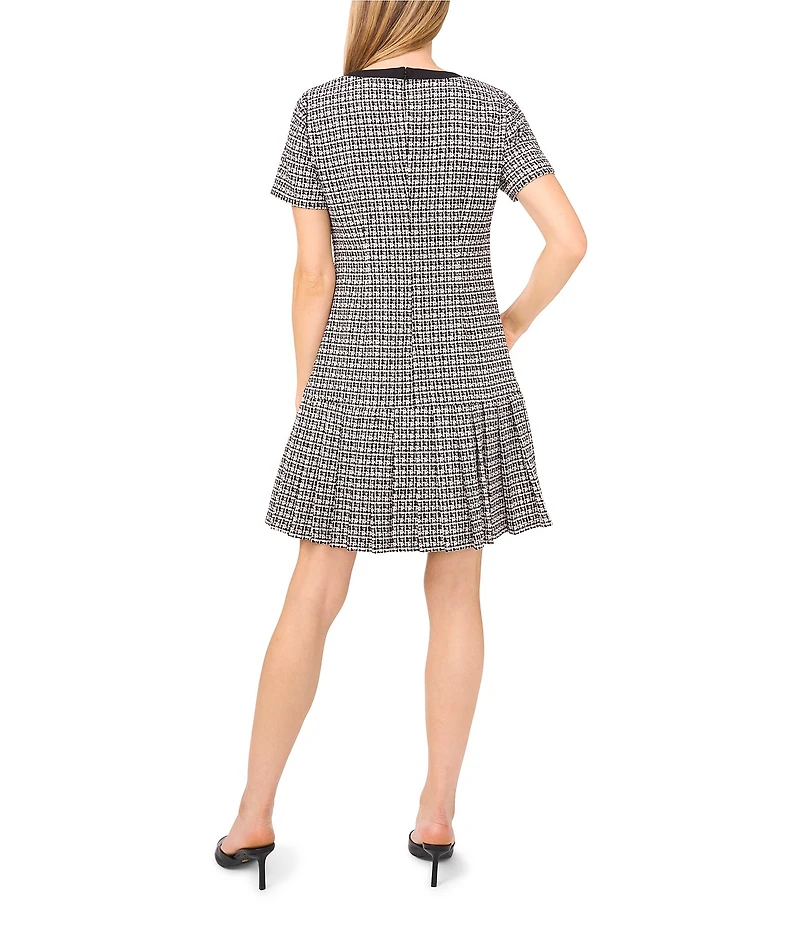 CeCe Tweed V-Neck Short Sleeve Pleated Bow Dress