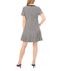 CeCe Tweed V-Neck Short Sleeve Pleated Bow Dress