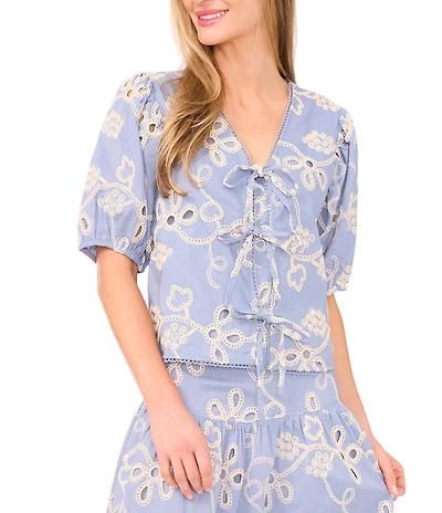 CeCe V-Neck Short Puff Sleeve Embroidered Tie Front Top