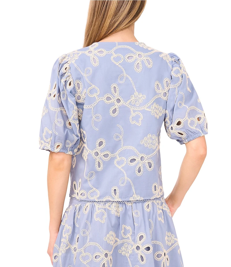 CeCe V-Neck Short Puff Sleeve Embroidered Tie Front Top
