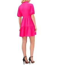CeCe Ruffle Mock V-Neck Short Puffed Sleeve Tiered Mini Dress