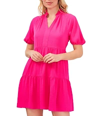 CeCe Ruffle Mock V-Neck Short Puffed Sleeve Tiered Mini Dress