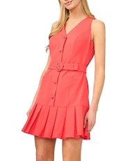 CeCe V-Neck Sleeveless Pleated Belted Button Down Dress