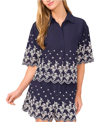 CeCe Woven Collared V-Neck Short Sleeve Floral Embroidered Button Down Shirt