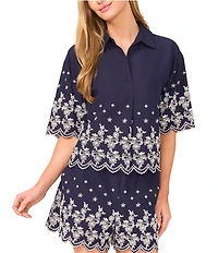 CeCe Woven Collared V-Neck Short Sleeve Floral Embroidered Button Down Shirt