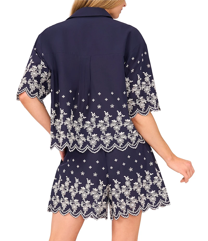 CeCe Woven Collared V-Neck Short Sleeve Floral Embroidered Button Down Shirt