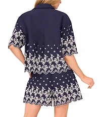 CeCe Woven Collared V-Neck Short Sleeve Floral Embroidered Button Down Shirt