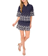 CeCe Woven Collared V-Neck Short Sleeve Floral Embroidered Button Down Shirt