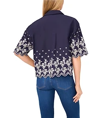 CeCe Woven Collared V-Neck Short Sleeve Floral Embroidered Button Down Shirt