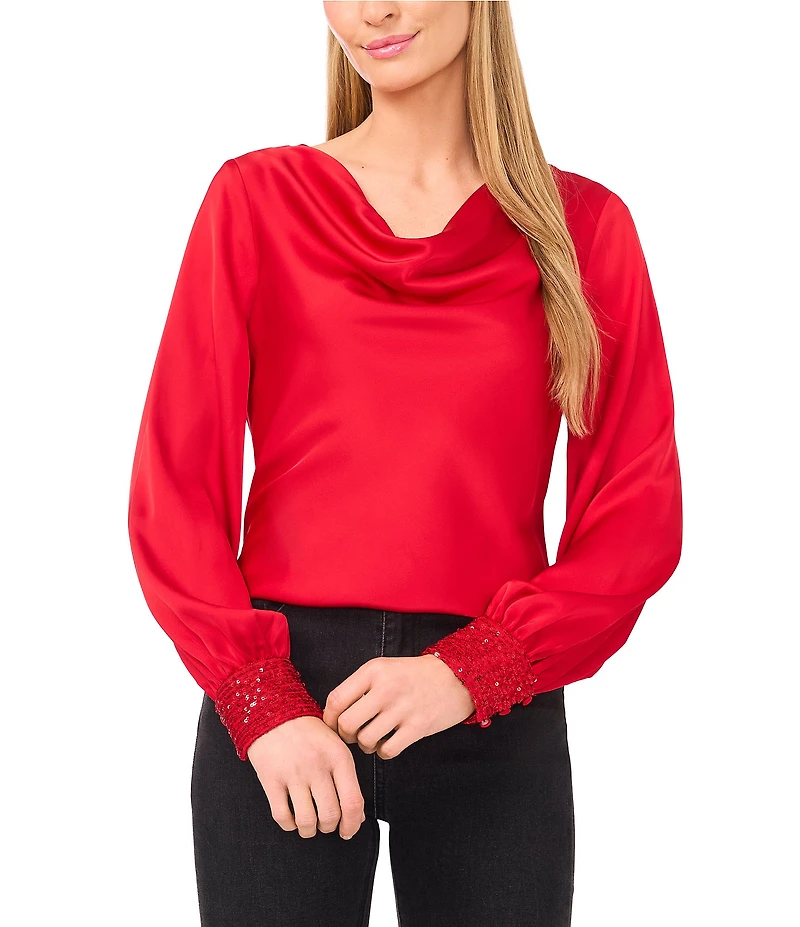 CeCe Woven Cowl Neck Long Sleeve Blouse