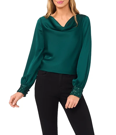 CeCe Woven Cowl Neck Long Sleeve Blouse