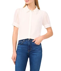 CeCe Woven Embellished Collar Short Sleeve Button Down Blouse