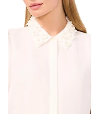 CeCe Woven Embellished Collar Short Sleeve Button Down Blouse