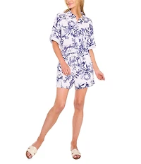 CeCe Woven Floral Print Collared Button Down Coordinating Top