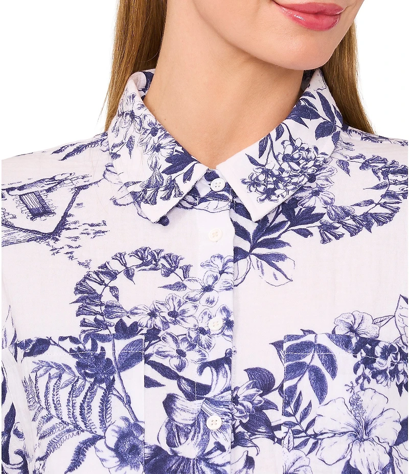 CeCe Woven Floral Print Collared Button Down Coordinating Top