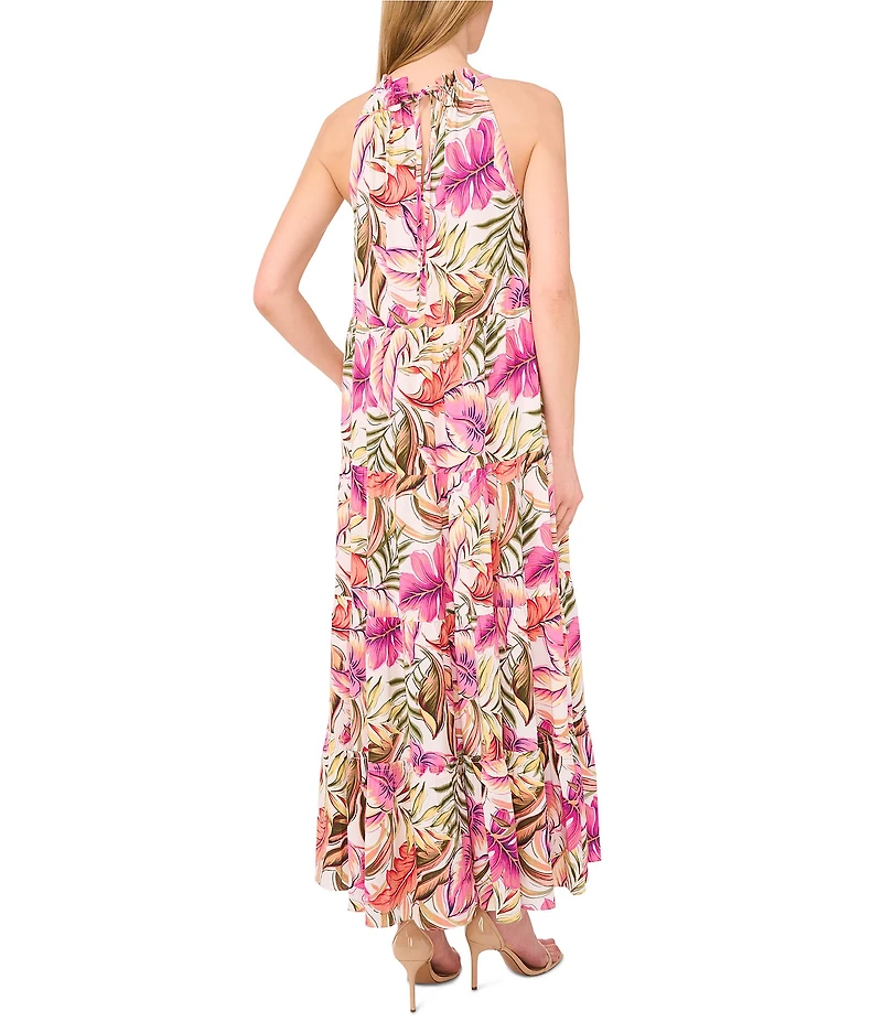 CeCe Woven Floral Print Halter Neckline Maxi A-Line Dress