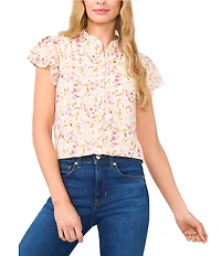 CeCe Woven Floral Print Mandarin Collar Double Flutter Sleeve Blouse