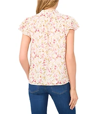 CeCe Woven Floral Print Mandarin Collar Double Flutter Sleeve Blouse