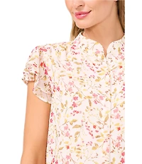 CeCe Woven Floral Print Mandarin Collar Double Flutter Sleeve Blouse