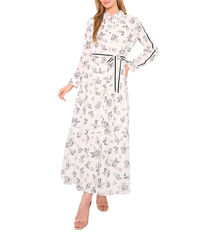 CeCe Woven Floral Print Point Collar Long Sleeve Belted Maxi Shirt Dress